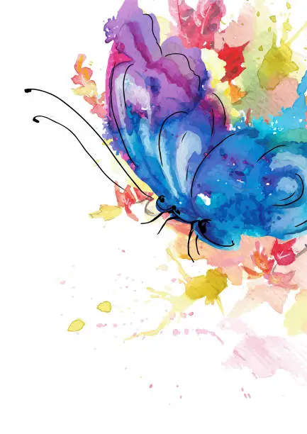 Vector illustration of Artistic Autumn watercolor fantasy butterfly and leaves composition. Vector