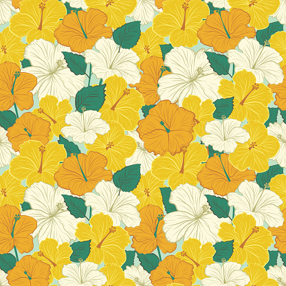 Hand drawn Hibiscus background. Flat colors. Elements can be released form the clipping mask.