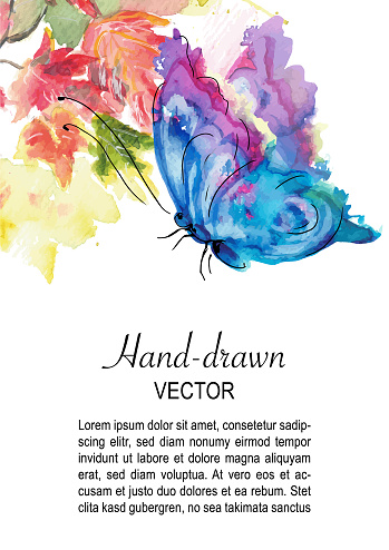 Hand-drawn stylized aquarelle creative painting of a butterfly and autumn leaves with blots and brush strokes in violet blue and orange hues. Fully vector EPS. Template card design with copy space for text. The major objects are grouped separately, text can be removed easily. 
Great for invitations, Valentine's Day decoration, romantic cards, wedding invitations and bag prints. Isolated on white background.
