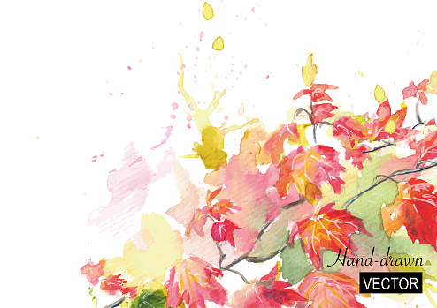Hand-drawn stylized aquarelle creative painting of autumn leaves with brush strokes and splashing in red, green and orange hues. Fully vector EPS. Template card design with copy space for text. The text can be removed easily. 
Great for autumn invitations, decoration, greeting cards and bag prints. Isolated on white background.
