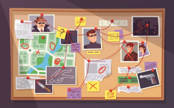 ilustrações de stock, clip art, desenhos animados e ícones de detective board. pinboard crime investigation map, pins threads wall criminal police clues evidence laboratory newspaper note private investigator, ingenious vector illustration - conspiracy