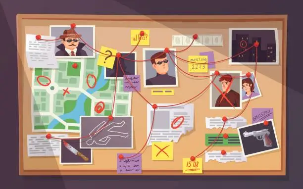 Vector illustration of Detective board. Pinboard crime investigation map, pins threads wall criminal police clues evidence laboratory newspaper note private investigator, ingenious vector illustration