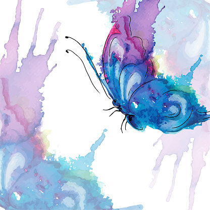 Hand-drawn stylized aquarelle creative painting of a butterfly with blots and brush strokes in violet blue hues. Fully vector EPS. Template card design with copy space for text. The major objects are grouped separately.
Great for youth invitations, contemporary art decoration, grunge design and bag prints. Isolated on white background.