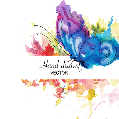 Hand-drawn stylized aquarelle creative painting of a butterfly and autumn leaves with blots and brush strokes in violet blue and orange hues. Fully vector EPS. Template card design with copy space for text. The major objects are grouped separately, text can be removed easily. 
Great for invitations, Valentine's Day decoration, romantic cards, wedding invitations and bag prints. Isolated on white background.