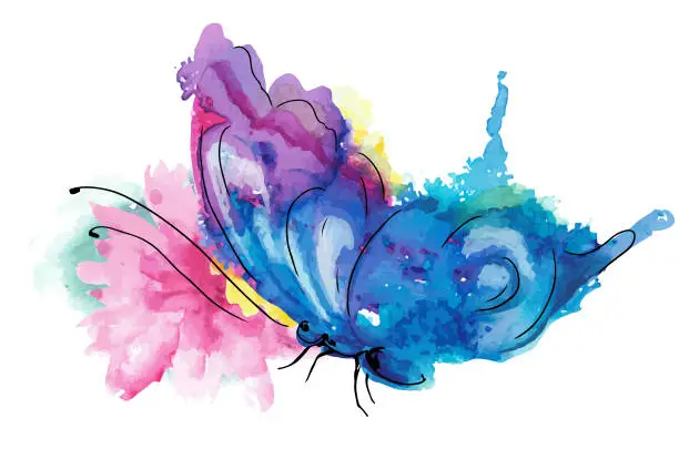 Vector illustration of Coloroful watercolor fantasy butterfly with flowers. Vector