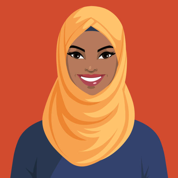 ilustrações de stock, clip art, desenhos animados e ícones de avatar of a black young woman in a hijab. smiling, beautiful muslim girl. portrait of a happy arab woman on a terracotta background. - arabic characters