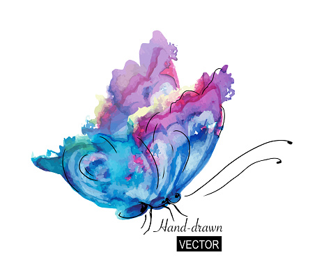 Hand-drawn stylized aquarelle creative painting of a butterfly with brush strokes in violet blue hues. Fully vector EPS. Template card design with copy space for text. The major objects are grouped separately, text can be removed easily. 
Great for invitations, Valentine's Day decoration, romantic cards, wedding invitations and bag prints. Isolated on white background.