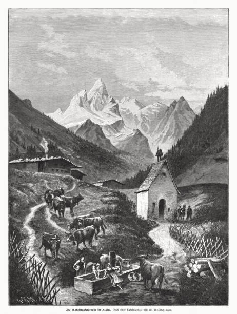 ilustraciones, imágenes clip art, dibujos animados e iconos de stock de grupo mädelegabel, alpes de allgäu, alemania, grabado en madera, publicado en 1885 - alm bavaria mountain summer