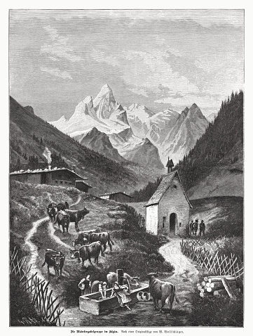 Historical view of the Mädelegabel group (left to right: Trettachspitze, Mädelegabel, Hochfrottspitze) near Oberstdorf in the Allgäu Alps, Germany. In the forgeground the Chapel of St. Catherine of Einödsbach. Wood engraving after a drawing by Wilhelm Wollschläger (German painter, 2nd half of the 19th century), published in 1885.