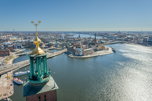 Stockholm City Hall Roof and Golden Crowns on the Top. Sweden. Drone Point of View