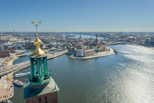Stockholm City Hall Roof and Golden Crowns on the Top. Sweden. Drone Point of View Stockholm City Hall Roof and Golden Crowns on the Top. Sweden. Drone Point of View kungsholmen town hall photos stock pictures, royalty-free photos & images