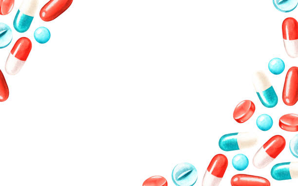 puste dla tabletek tekstowych wokół krawędzi. ilustracja akwarelowa. izolowany na białym tle. - capsule pill vitamin pill herbal medicine stock illustrations