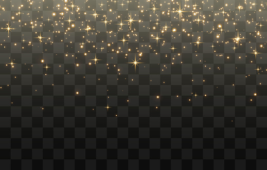 Luminous magical dust, dusty shine. Flying particles of light. Christmas light effect. Sparkling particles of fairy dust glow in the dark. Vector on transparent.