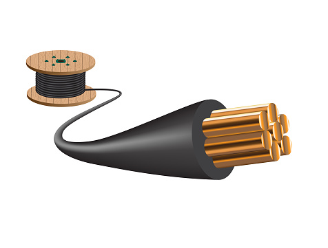 Wooden Coils Of electrical Cable Outdoor. High and low voltage cables on white background