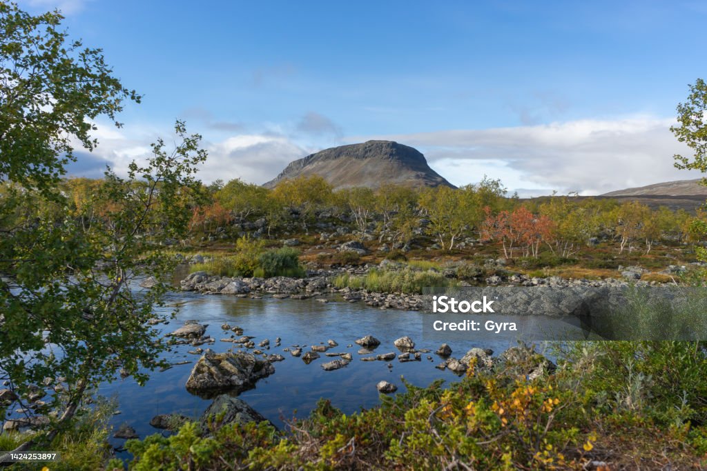 Saana HIll, Mountain Saana Mountain seen from Tsahkal River, Kilpisjärvi, Lapland, Finland Kilpisjarvi Lake Stock Photo