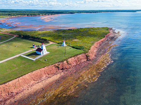Aerial view of Wood Islands Lighthouse, Prince Edward Island.