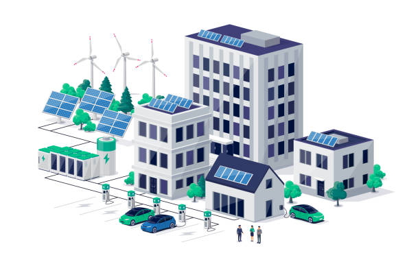 ilustrações, clipart, desenhos animados e ícones de cidade sustentável inteligente com energia renovável, armazenamento de baterias e carregamento de carros - central de energia solar