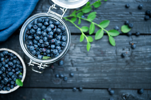 Organic wild blueberries on dark wooden background.
