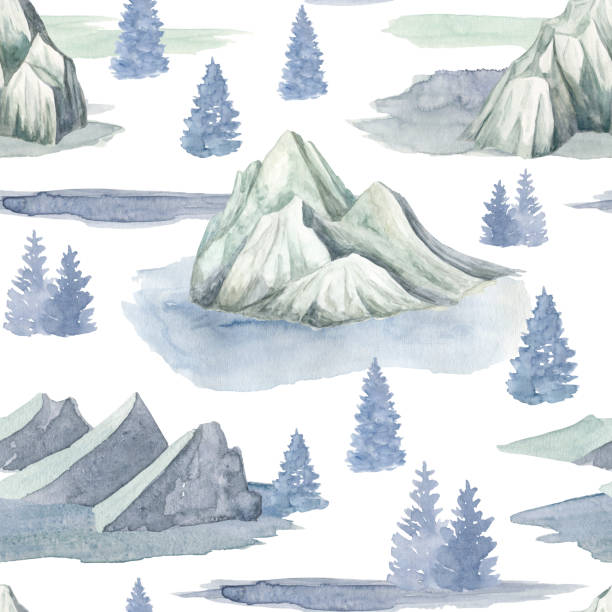 Watercolor winter landscape seamless pattern. Hand drawn high snowy mountain peaks, blue fir trees and splash textures isolated on white background. Foggy woodland scenery. Nature illustration design. Watercolor winter landscape seamless pattern. Hand drawn high snowy mountain peaks, blue fir trees and splash textures isolated on white background. Foggy woodland scenery. Nature illustration design splash mountain stock illustrations