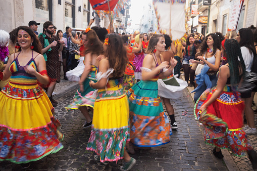 Lisbon, Portugal - February 23, 2020: A brazilian maracatu parades in Lisbon downtown during the Carnival Season.