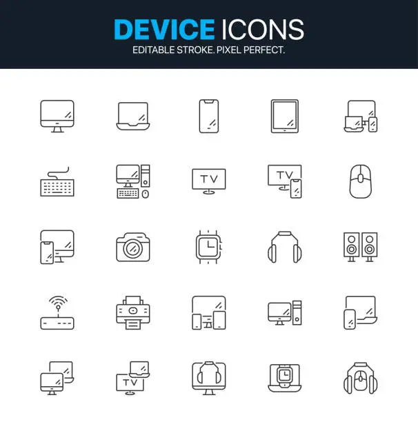 Vector illustration of Device icon set. Set of 25 Technology, electronics and devices web icons in line style. Phone, laptop, communication, smartphone, device, computer monitor and more vector