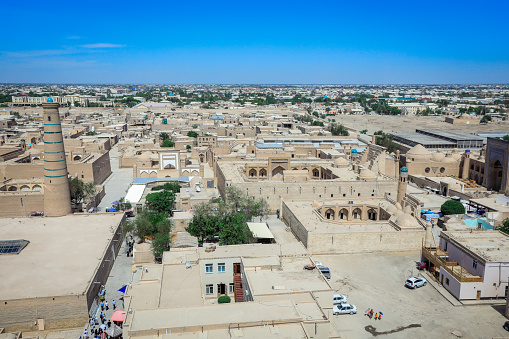Panoramic View to the encircled by brick walls Inner Old Town, or Itchan Kala, in Khiva, Uzbekistan