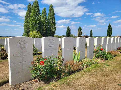 Zonnebeke, Belgium: August 22, 2022: Tyne Cot Commonwealth War Graves Cemetery and Memorial to the Missing is a burial ground for the dead of the First World War in the Ypres Salient on the Western Front.
