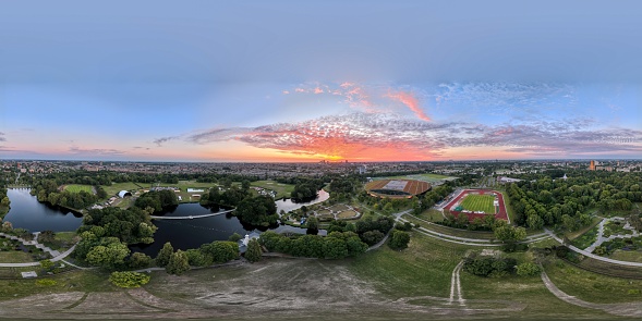 360° Aerial panorama of The Hague, Netherlands at sunrise. Photographed above the Southern park (zuiderpark) of the city