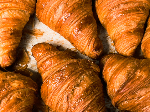 High angle color image depicting freshly baked croissants in a row and for sale at the bakery.