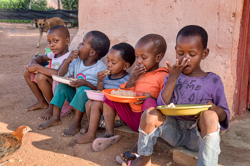 african kids eating some sorghum porridge, village in botswana
