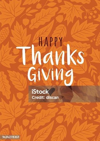 istock Happy Thanksgiving card with autumn leaves background. 1424278351