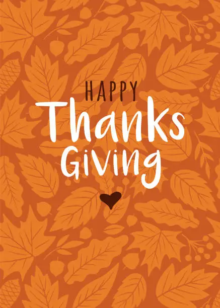 Vector illustration of Happy Thanksgiving card with autumn leaves background.