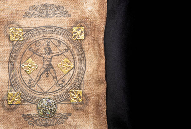 istock Ancient esoteric witchcraft background. Occultims and paganism old symbol, with mysterious runes alphabet 1424280847
