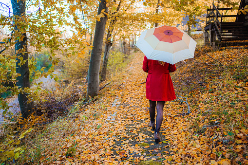 Woman in red coat with umbrella walking in the woods on a beautiful autumn day