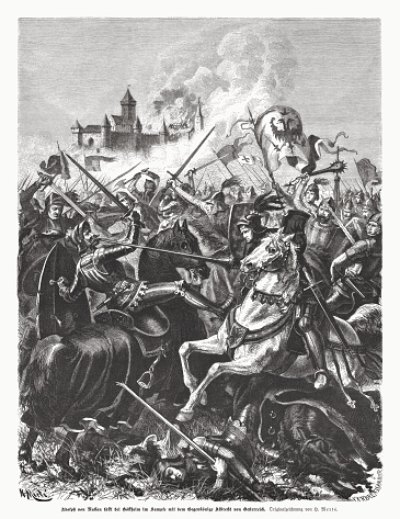 The Battle of Göllheim (near Worms, Rhineland-Palatinate, Germany) was fought on 2 July 1298 between the forces of duke Albert I of Habsburg (German: Albrecht) and king Adolf of Nassau (King of the Romans). The cause of the armed conflict was that the electors had deposed Adolf and proclaimed Albert anti-king. Adolf lost his life in the battle. Wood engraving after a drawing by Heinrich Merté (German painter and illustrator, 1838 - 1917), published in 1885.