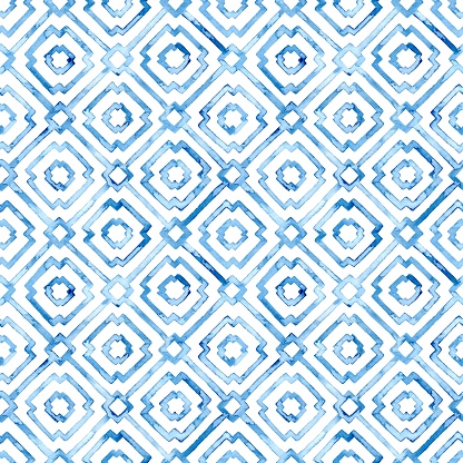 seamless moroccan pattern, square vintage tile, blue and white watercolor ornament painted with watercolor on paper, handmade, print for textiles, grunge texture, vector illustration