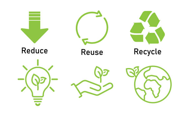 illustrazioni stock, clip art, cartoni animati e icone di tendenza di tre diversi cartelli ridurre, riutilizzare, riciclare e tre simboli dell'energia verde. - recycled bulb