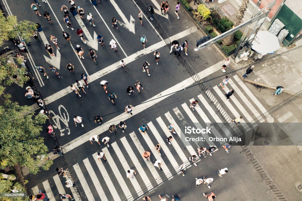 Aerial view of marathon city runners Aerial View Stock Photo