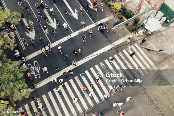 Aerial View Of Marathon City Runners Stock Photo - Download Image Now - Aerial View, Above, City