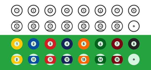 Billiard balls icon set on green backdrop. Game symbol. Hobby concept. Flat design. Billiard balls icon set on green backdrop. Game symbol. Hobby concept. Flat design. Vector illustration. number 12 pool ball ball number stock illustrations