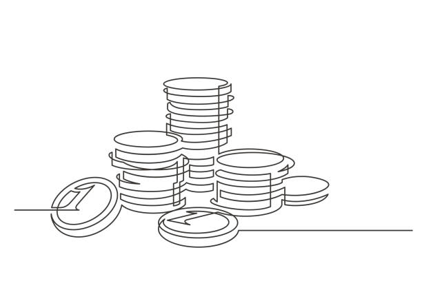 ilustraciones, imágenes clip art, dibujos animados e iconos de stock de monedas una línea - currency stack heap wealth