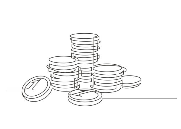 coins one line Stacks of coins penny cents. Continuous one line drawing. Vector illustration euro symbol illustrations stock illustrations