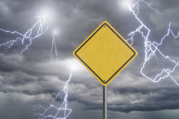 istock Diamond shaped yellow road sign under thunderstorm. Illustration as a blank design template 1424313685