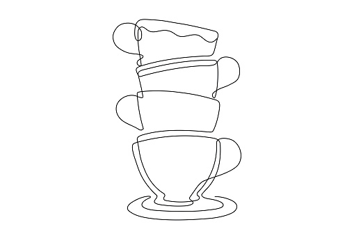 Tea Time Party, Retro illustration with stacks of tea cups line art stock illustration