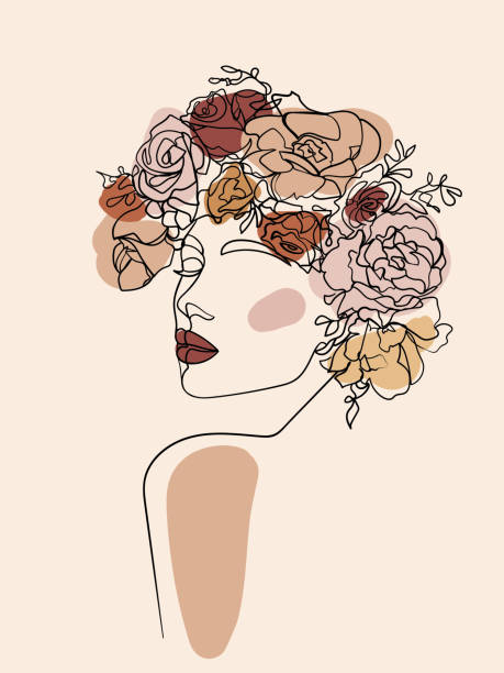 twarz kobiety z kwiatami we włosach, rysunek liniowy. - ilustracja wektorowa - magnoliophyta stock illustrations