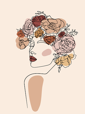 Woman face with flowers in her hair, line drawing art. - Vector illustration