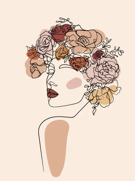Vector illustration of Woman face with flowers in her hair, line drawing art. - Vector illustration