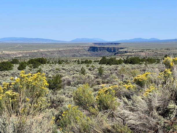 monumento nacional río grande del norte, sección sur – garganta del río grande en la distancia vista desde la carretera. - rio grande del norte national monument fotografías e imágenes de stock