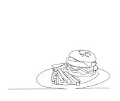 istock Continuous line drawing of Hamburger and Frenchfries on a plate vector illustration. Hamburger single line hand drawn minimalism style. 1424317296