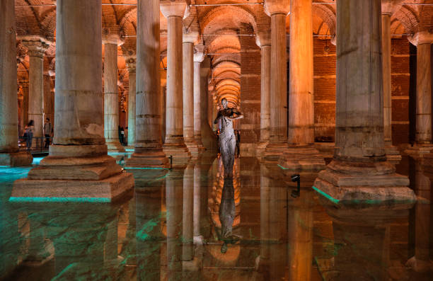basilica cistern ancient byzantine cistern in istanbul, turkey - basilica imagens e fotografias de stock